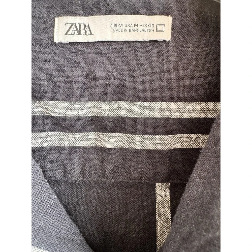 Zara Striped Linen Camp Collar Short Sleeve Shirt Men M Blue White Button Down - Picture 6 of 8